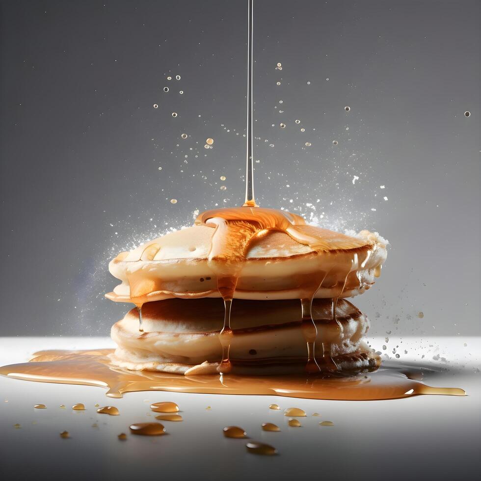 Pancakes with honey and maple syrup on a black background., Image photo
