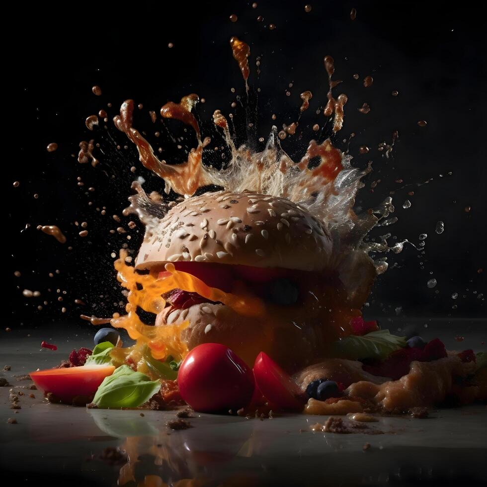 Splash of juice from an apple on a wooden table on a black background, Image photo