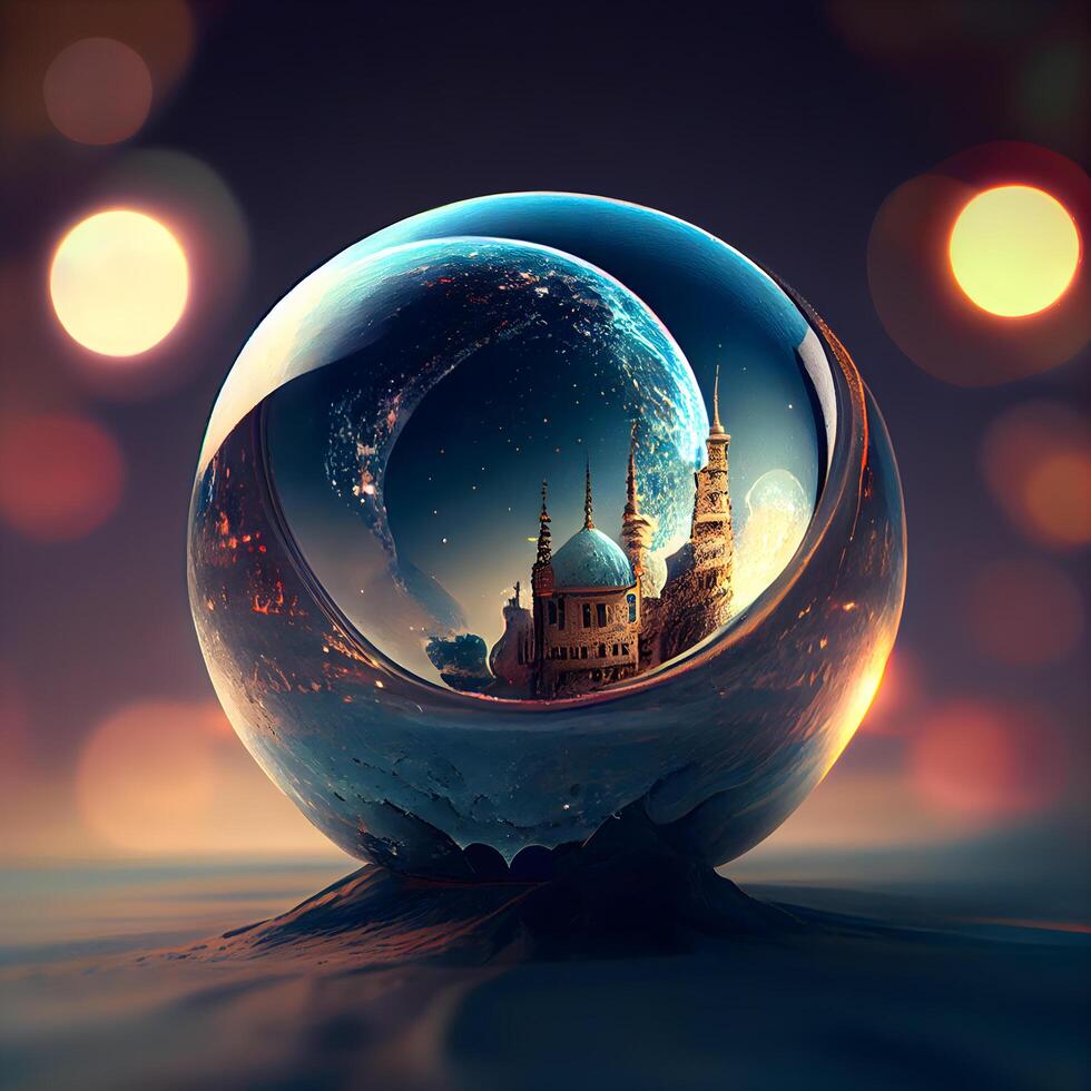 A crystal ball with the image of the old city of Krakow in the background., Image photo