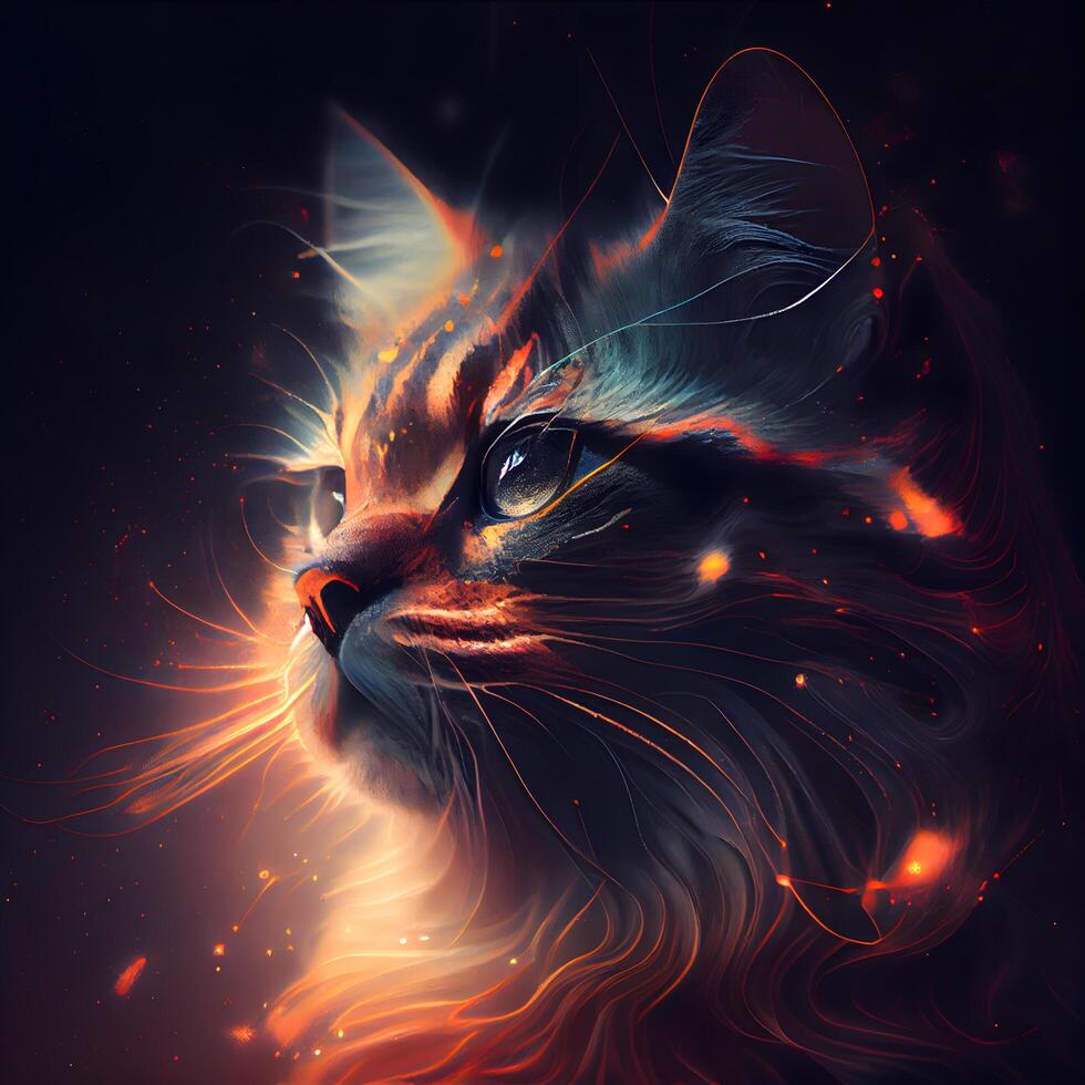 Siberian cat with fire effect on the face. Futuristic illustration., Image photo