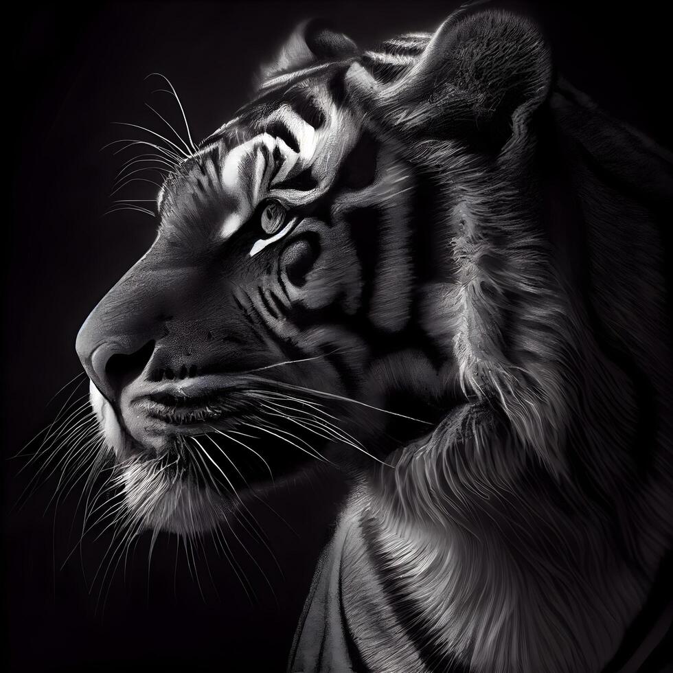 negro y blanco retrato de un Tigre en un negro antecedentes. 3d representación, ai generativo imagen foto