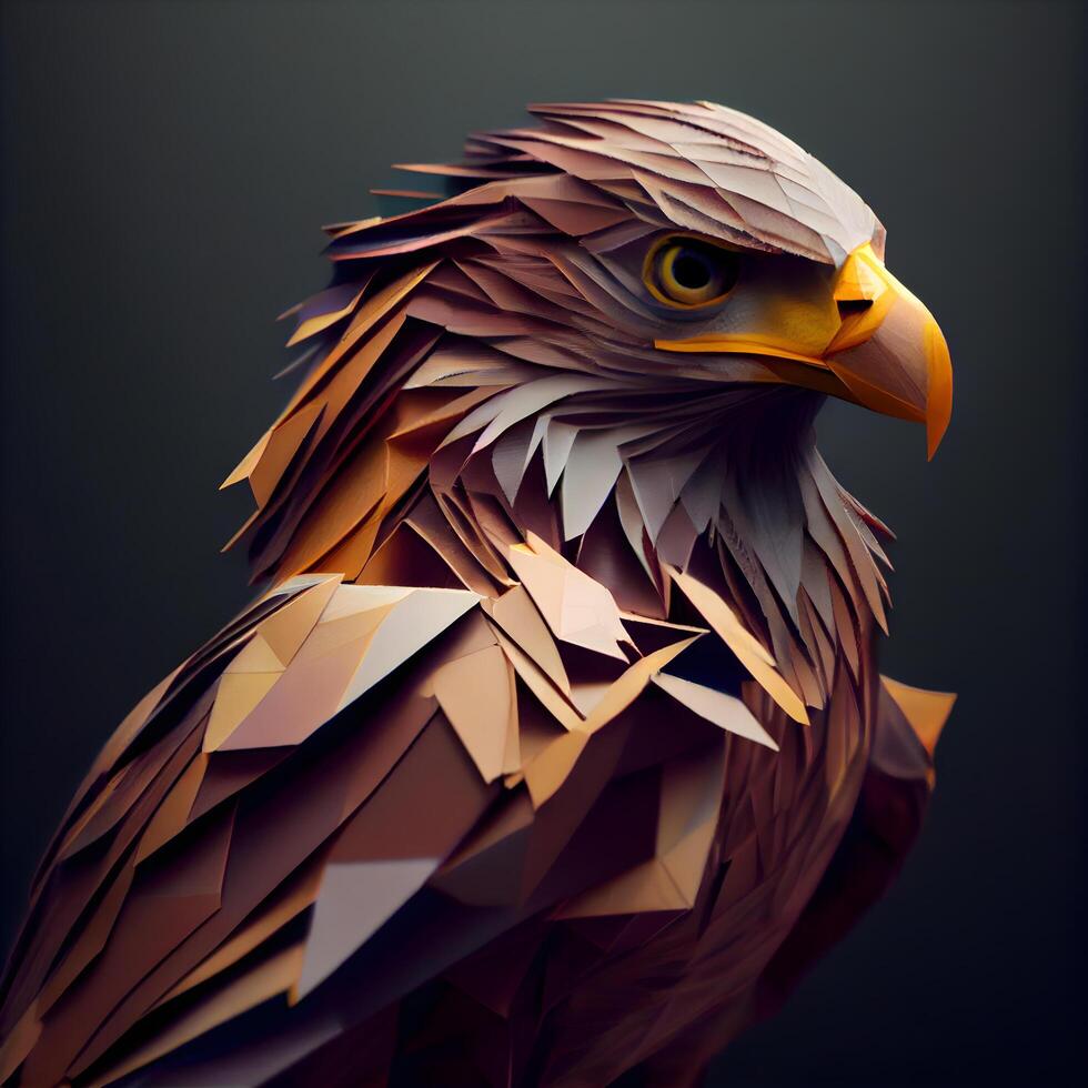 3d rendering of a golden eagle in low poly style on dark background, Image photo