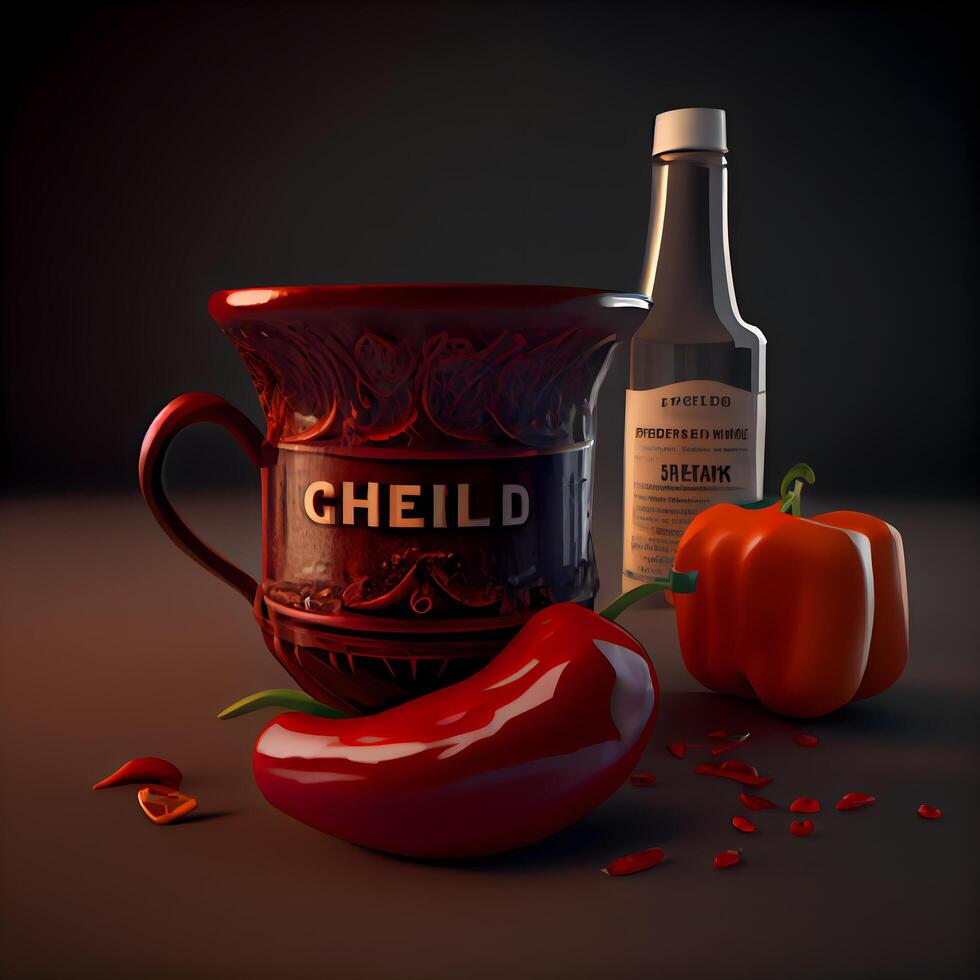 Red hot chili pepper in a bowl on a dark background. illustration., Image photo