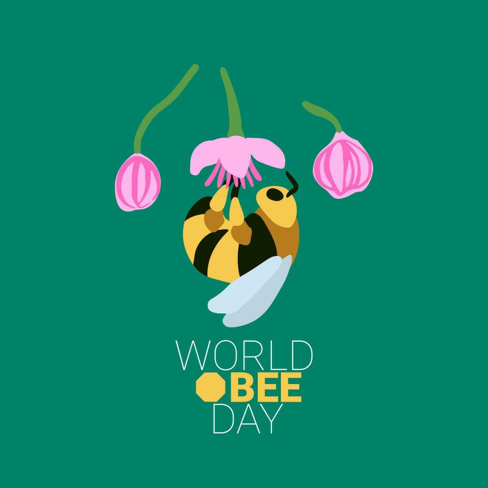World bee day poster. Bee hanging down from a flower, collecting nectar and pollinating the flower. Vector illustration.