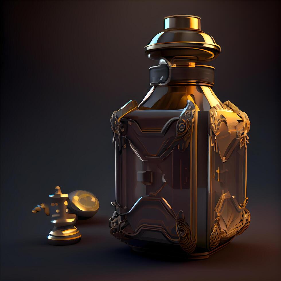 3d illustration of a bottle with a magic elixir on a dark background, Image photo