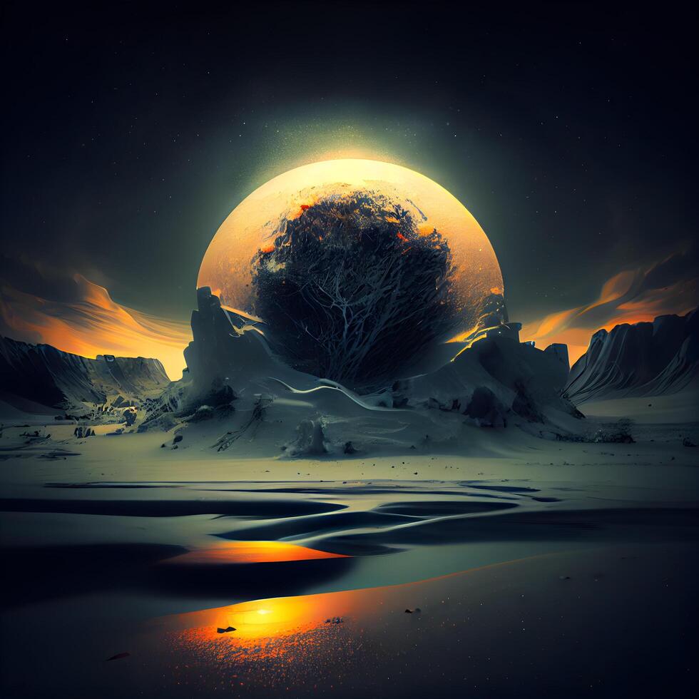 Fantasy landscape with planet and trees. 3D illustration. Elements of this image furnished by NASA, Image photo