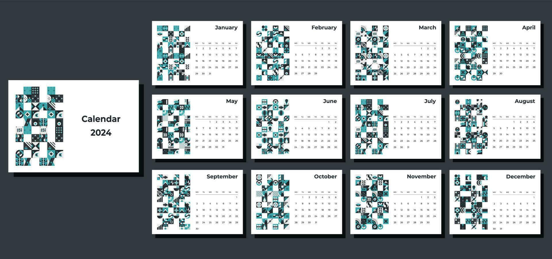 Calendar 2024 geometric patterns. Monthly calendar template for 2024 year with geometric shapes. vector