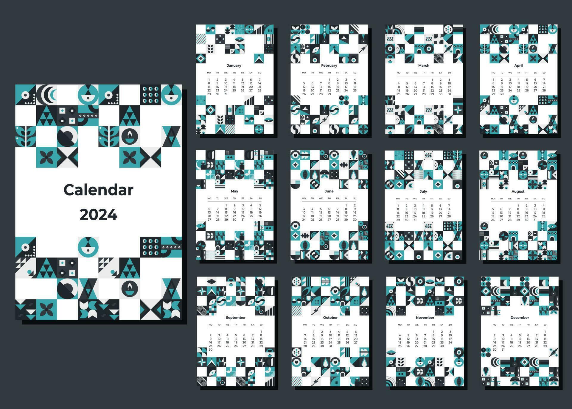 Calendar 2024 geometric patterns. Monthly calendar template for 2024
