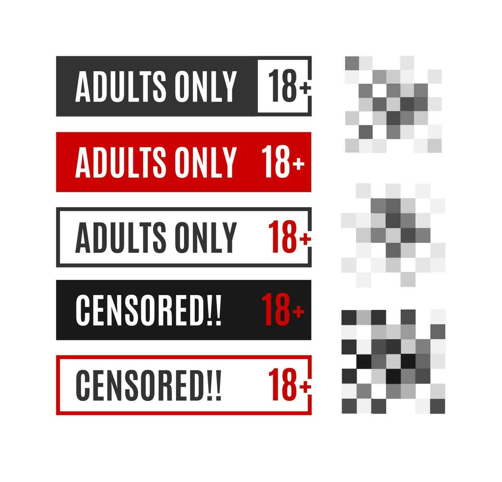 Pixel Censored Adults Only Sign Different Types Set. Vector