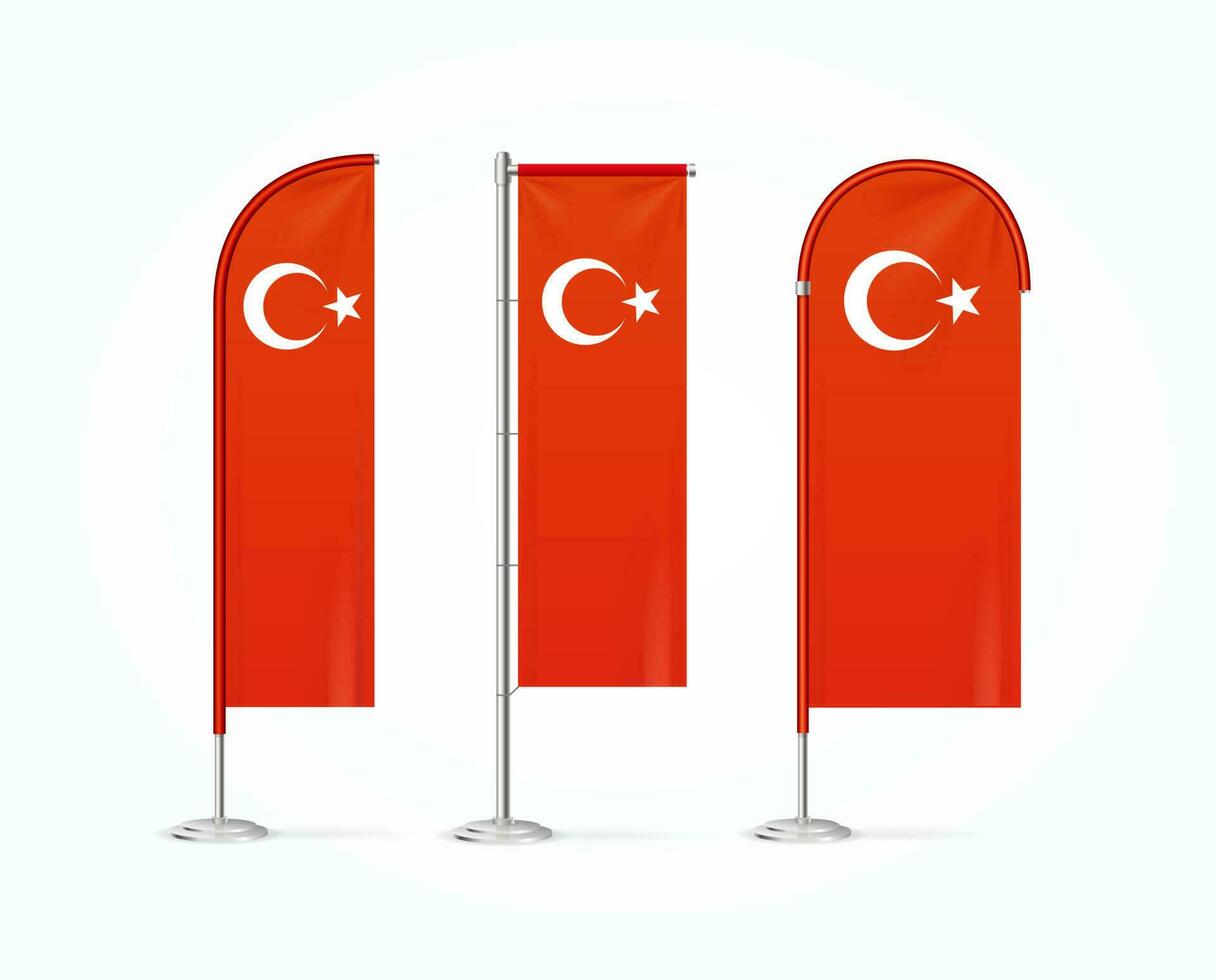 Realistic 3d Detailed Turkish Street Stand Flag Set. Vector