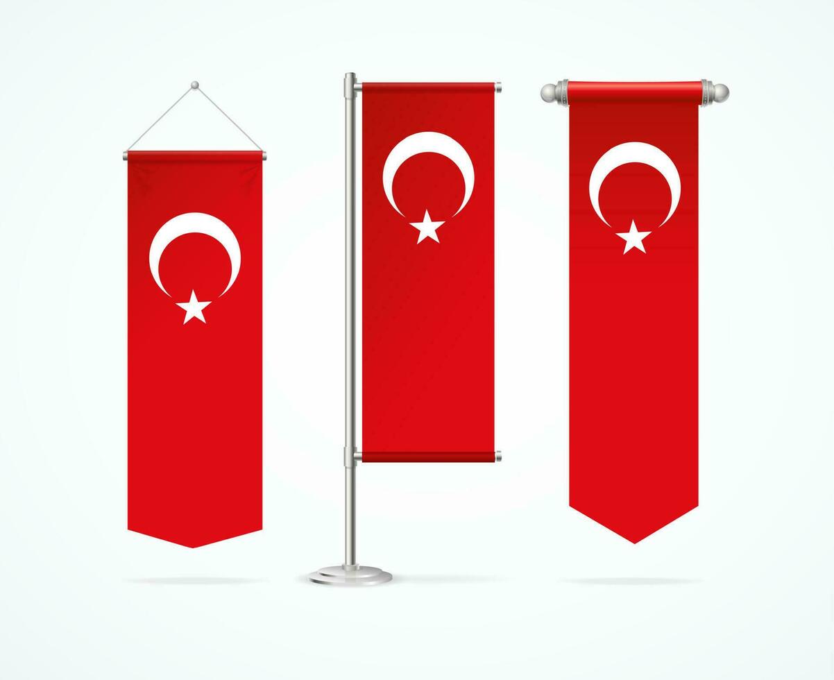 Realistic Detailed 3d Different Turkish Flag Penant Set. Vector