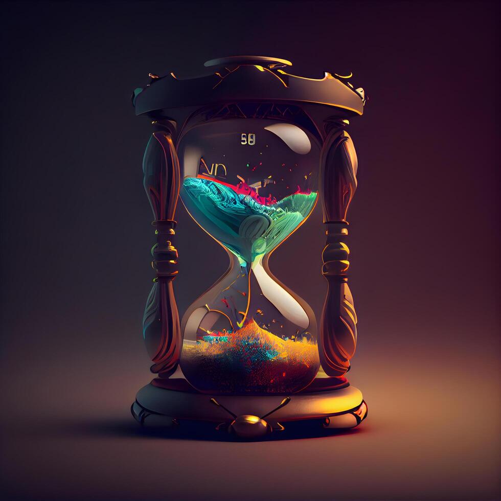 reloj de arena con arena adentro. 3d ilustración en oscuro fondo., ai generativo imagen foto