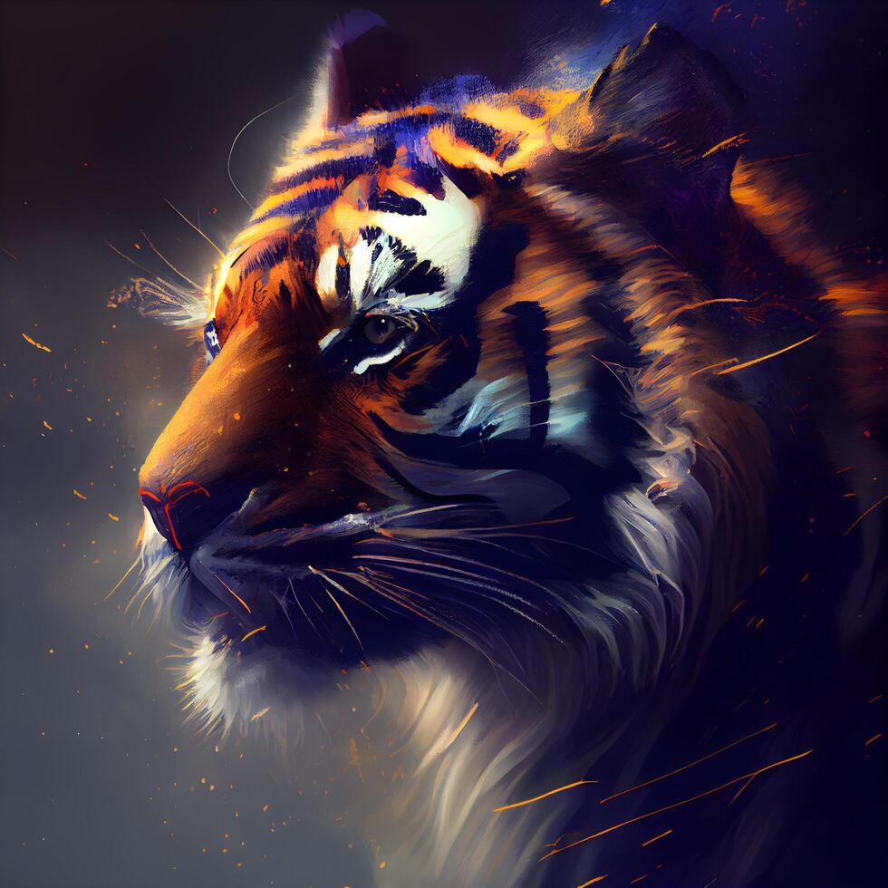 Tiger portrait. Digital painting of a tiger with fire effect., Image photo