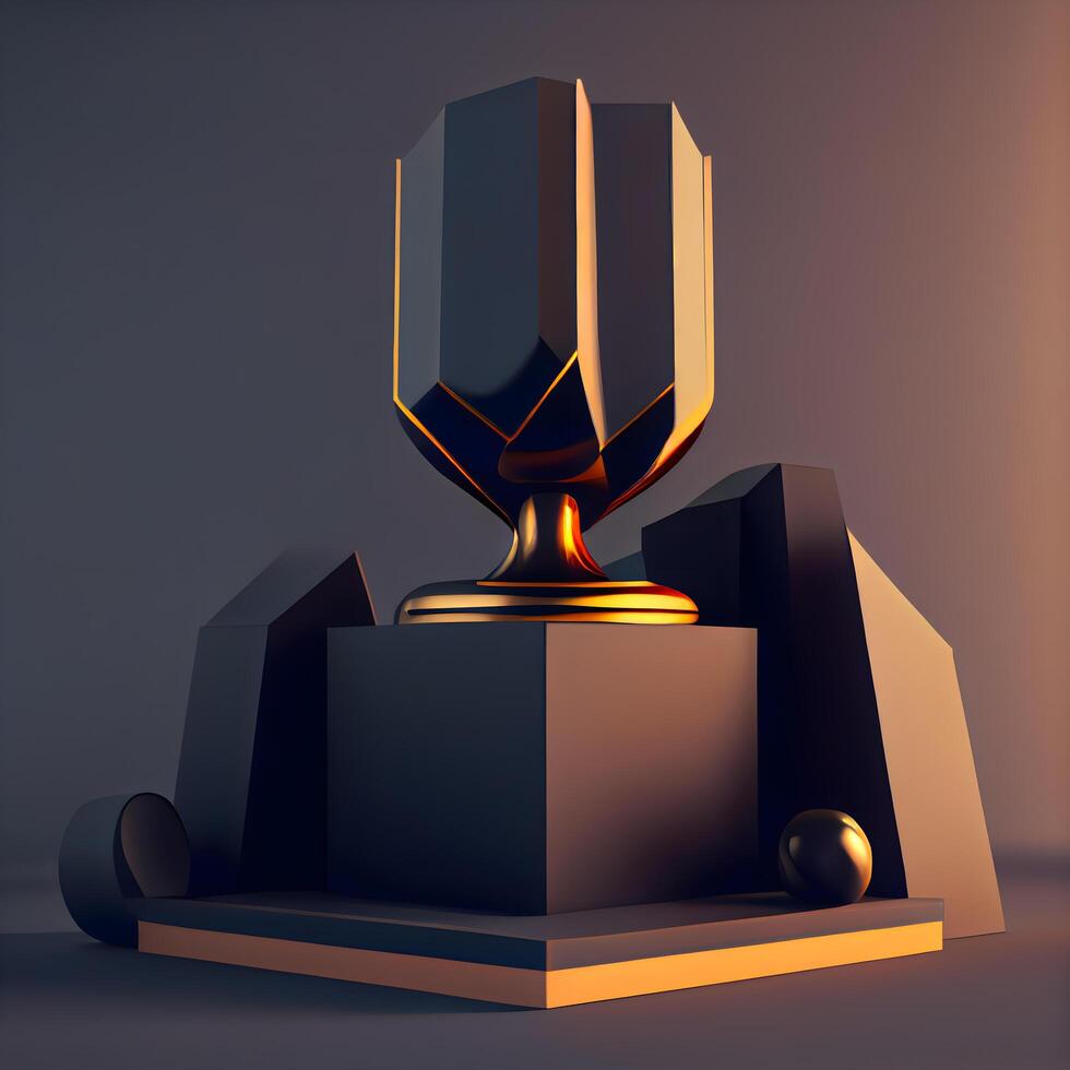 3D rendering of a trophy on a pedestal on a dark background, Image photo