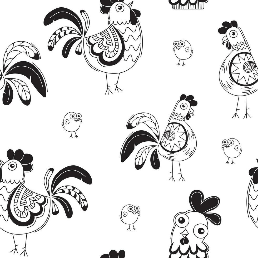 Seamless pattern with funny chicken cartoon style. Vector on white