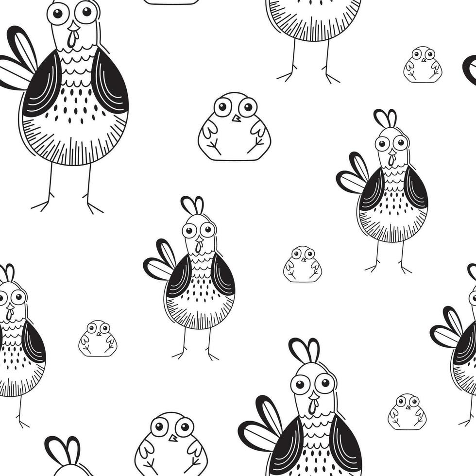 Seamless pattern with funny chicken cartoon style. Vector on white