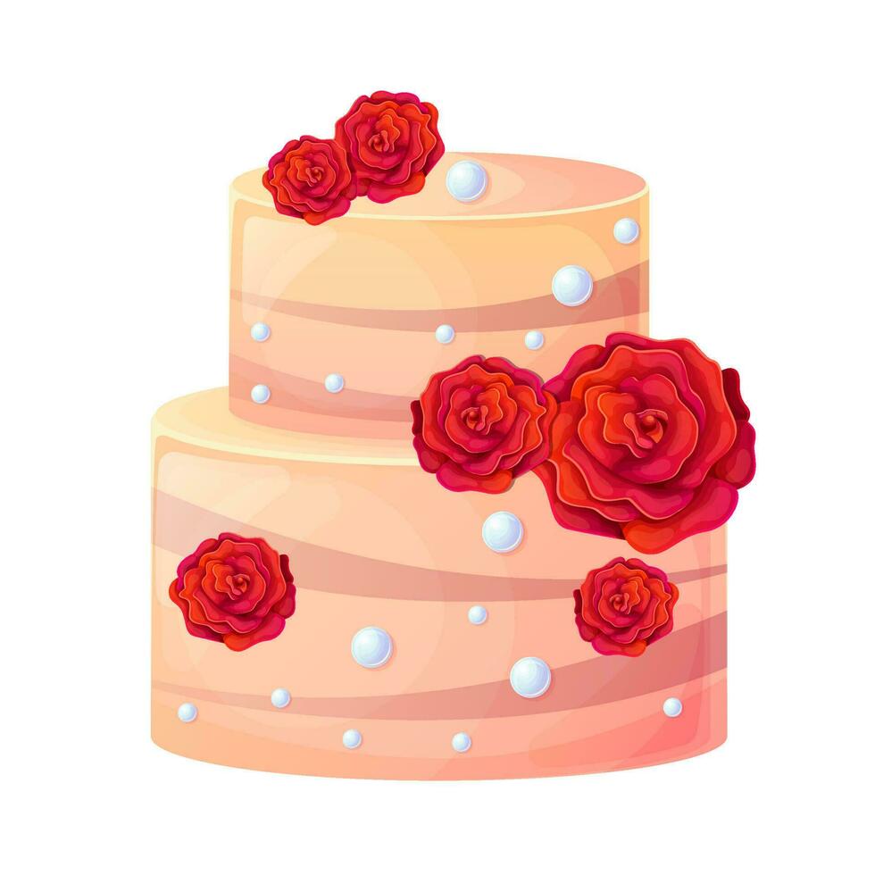 Wedding cake with floral decoration. Red roses. Wedding or birthday cake for invitations, greeting cards. Vector illustration isolated on white.