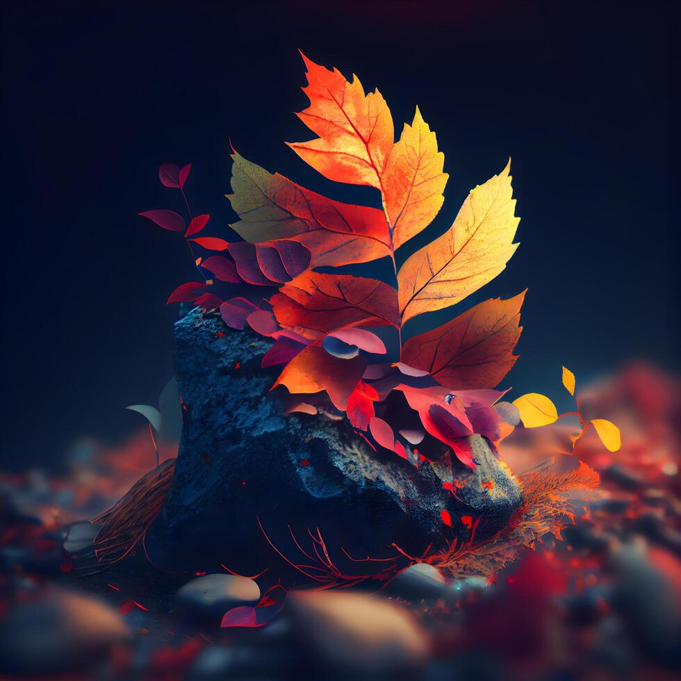 Autumn leaves on a dark background. 3d render illustration., Image photo