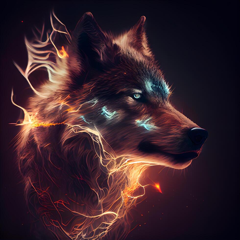 Portrait of a wolf with a fire flame on a dark background, Image photo
