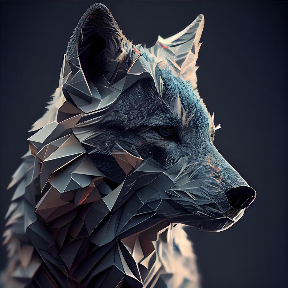 retrato de un lobo en bajo escuela politécnica estilo. 3d representación, ai generativo imagen foto