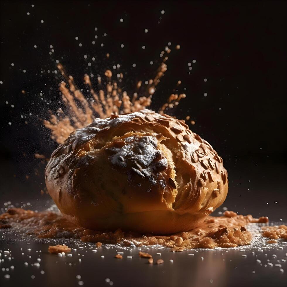 rosquilla con chocolate vidriar y gotas de agua en un negro fondo, ai generativo imagen foto