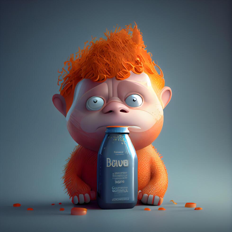 3d rendering of a red-haired boy with a bottle of drink, Image photo