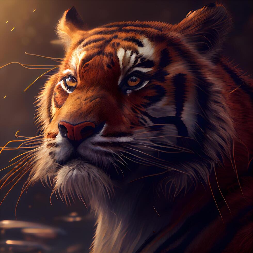 Tiger portrait in the dark with light and smoke. 3d rendering, Image photo