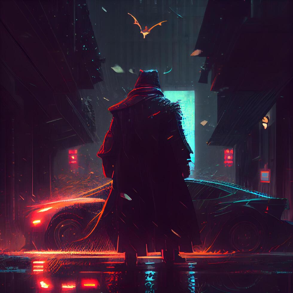 Man in a raincoat with a hood standing in a dark city, Image photo