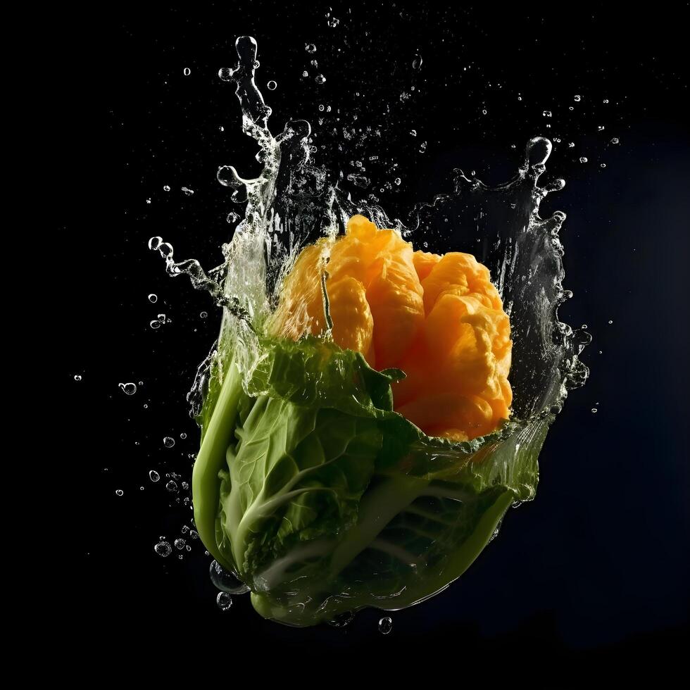 Red onion with splashes of water on black background, studio shot, Image photo