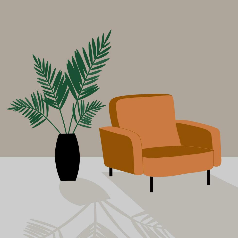 Armchair. Illustration of an interior with an orange armchair, a houseplant, and a shadow falling from objects. A room with gray walls and bright upholstered furniture. Hand drawn Flat vector graphics