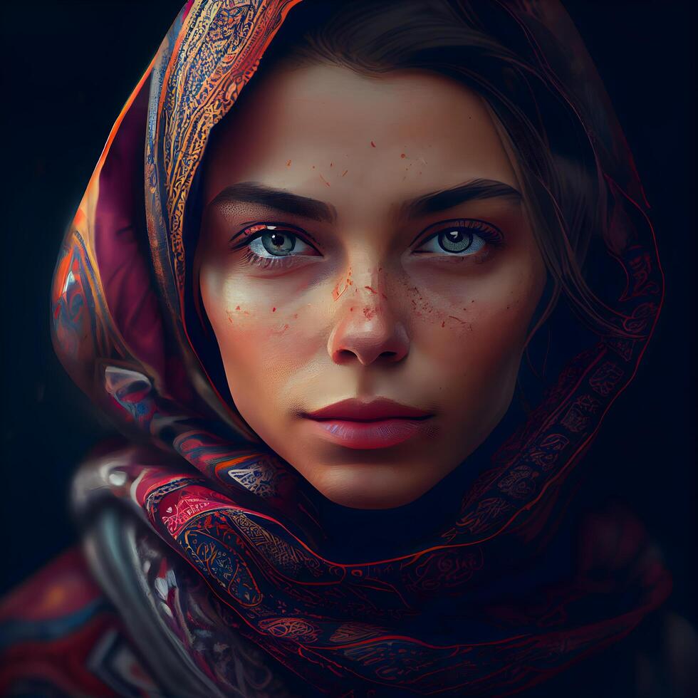 Portrait of a beautiful girl with a scarf on her head., Image photo