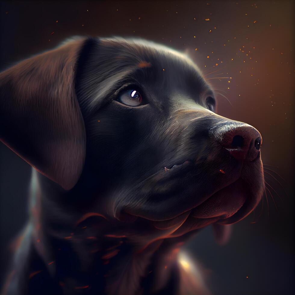 Portrait of a chocolate labrador retriever dog with smoke., Image photo