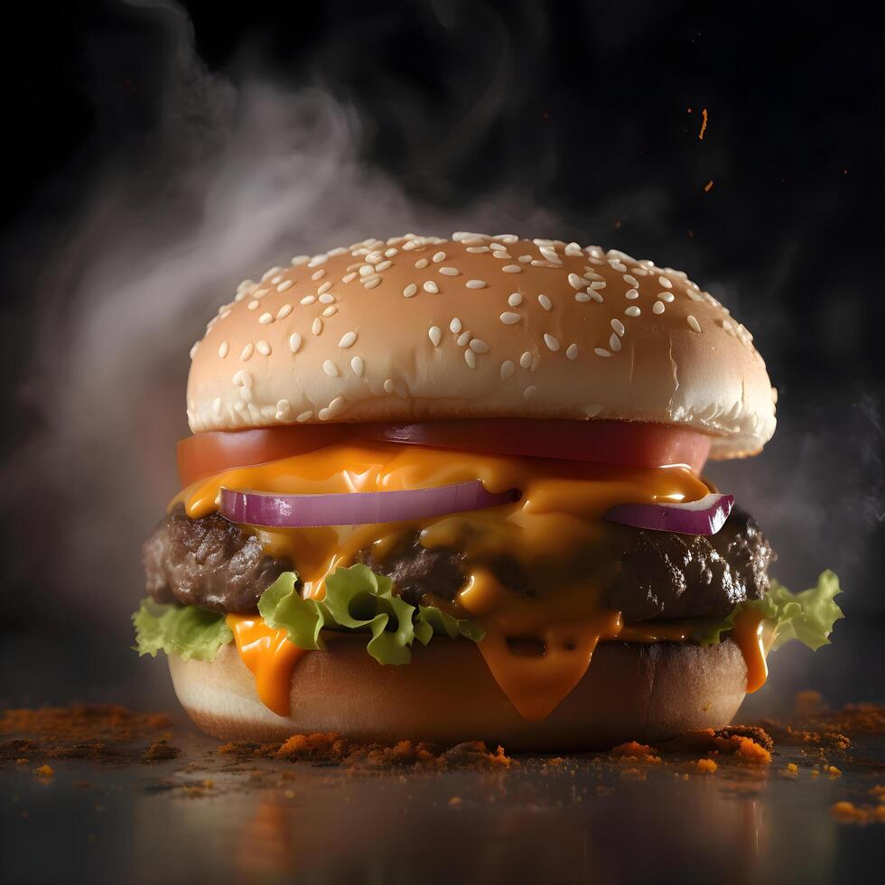Delicious cheeseburger on a dark background with smoke and flames, Image photo