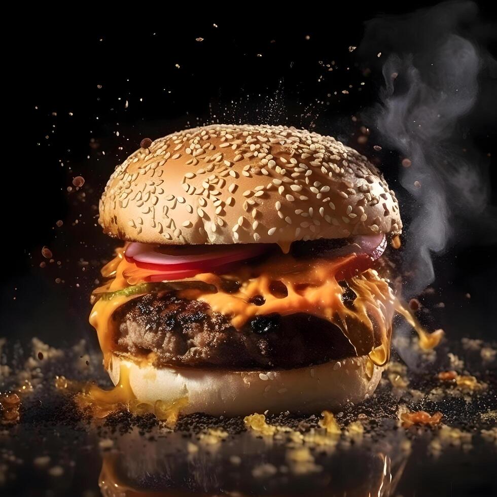 Delicious hamburger with flying ingredients on black background, fast food concept, Image photo