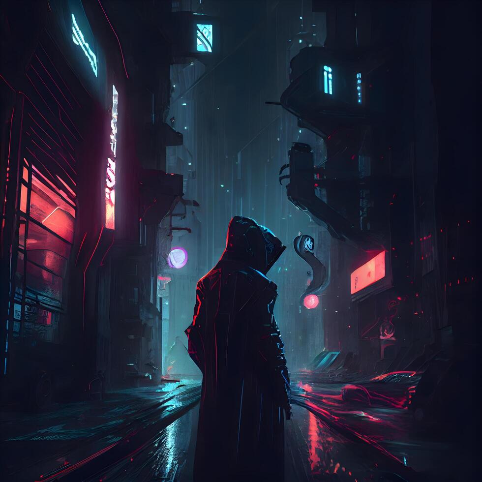 Digital painting of a silhouette of a girl in a raincoat standing in the middle of a dark street at night, Image photo