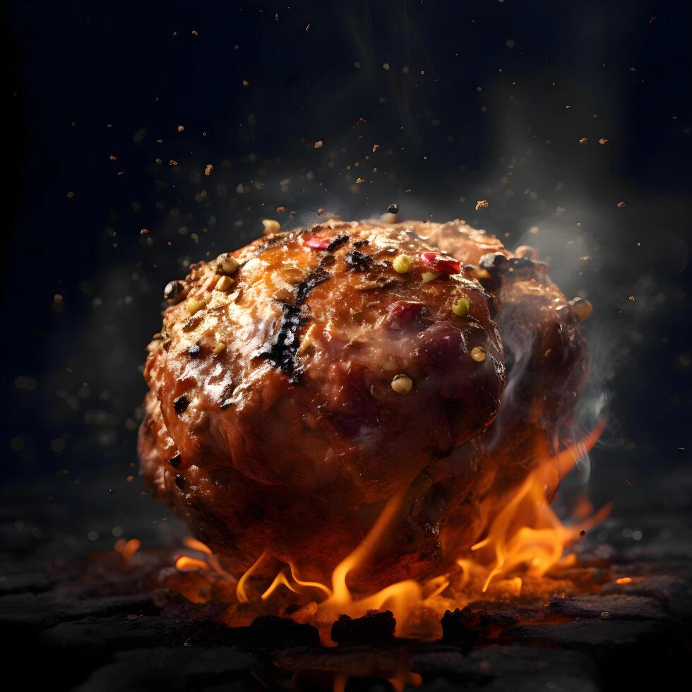 Piece of meat on fire with smoke on a black background., Image photo