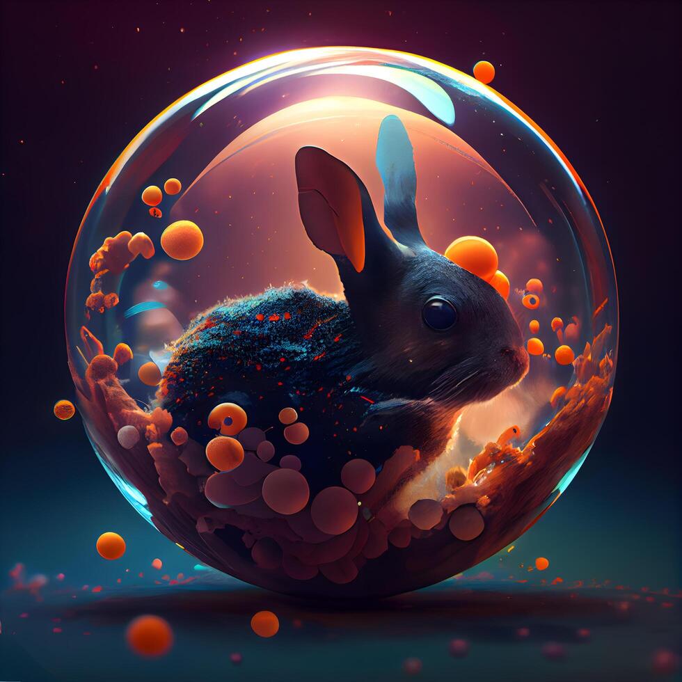 3d rendering of a rabbit inside a glass sphere with bubbles inside, Image photo