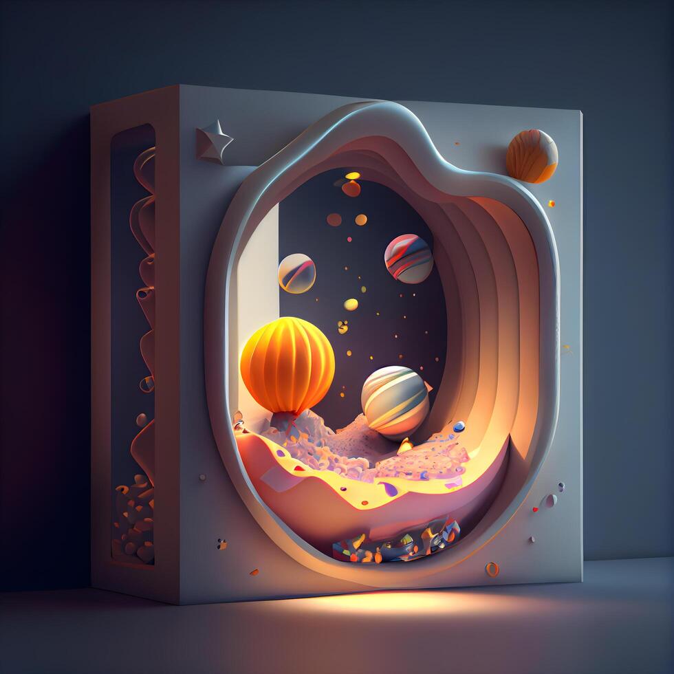 3d illustration of an open box with planets, stars and other objects, Image photo