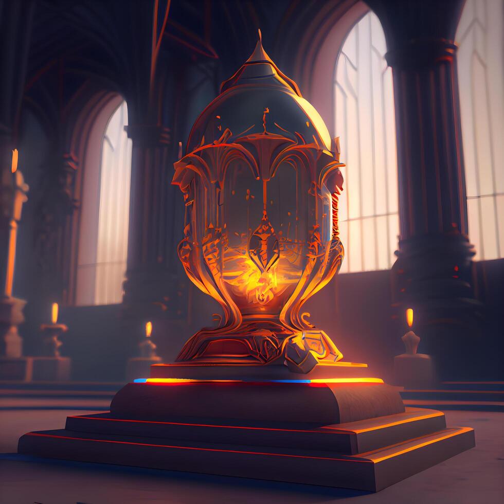 Glowing medieval lantern in the church. 3d render illustration., Image photo