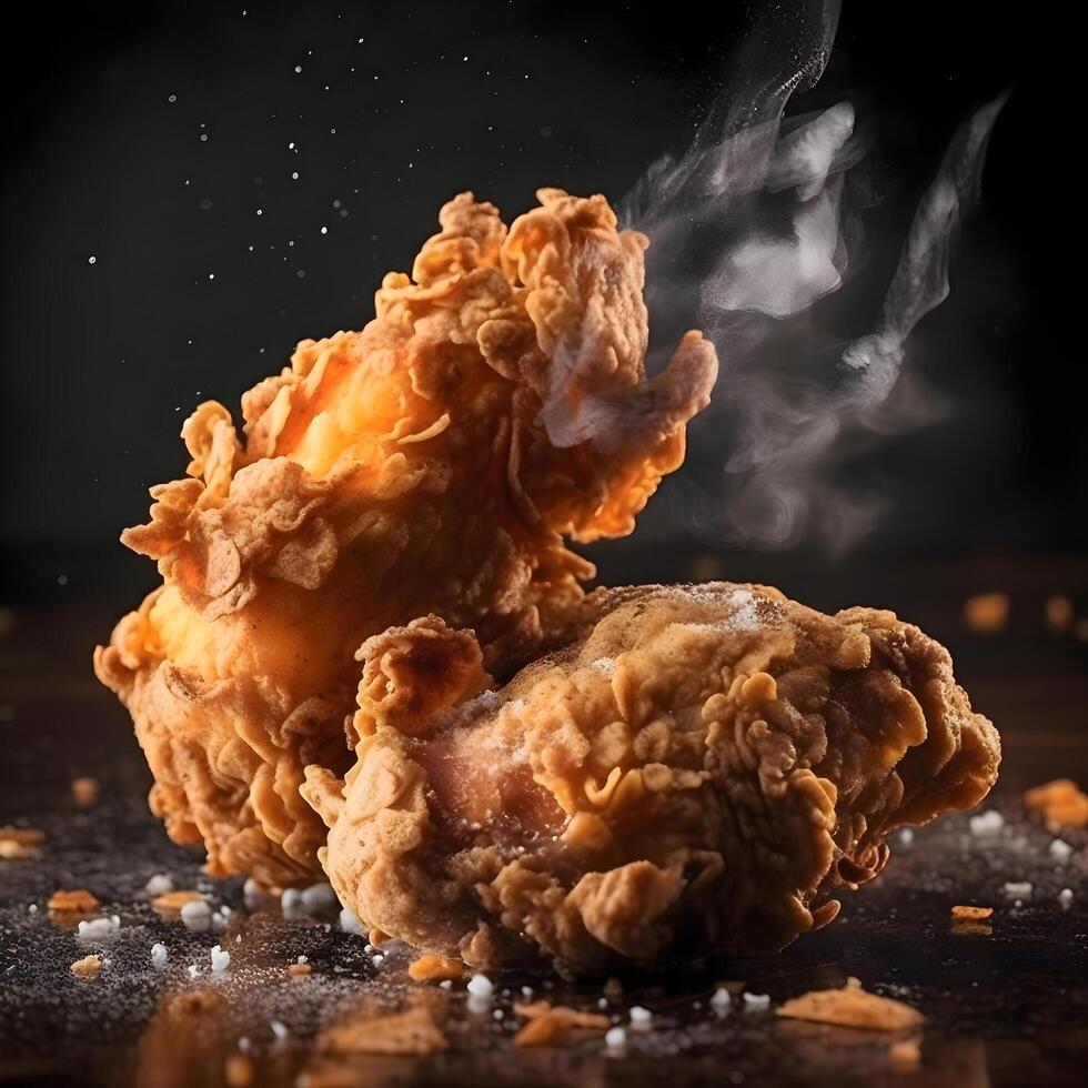 Fried chicken with smoke on a black background. Copy space., Image photo