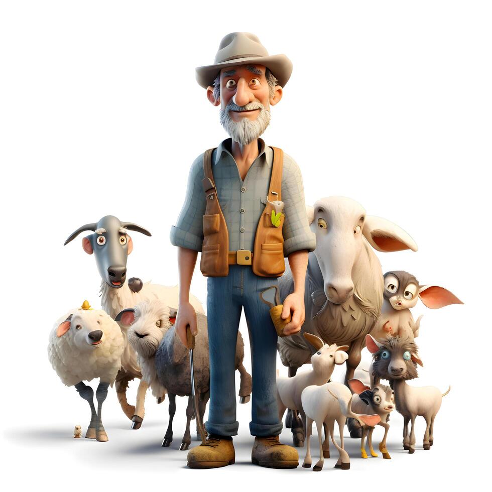 mayor granjero con un manada de oveja en un blanco fondo, ai generativo imagen foto