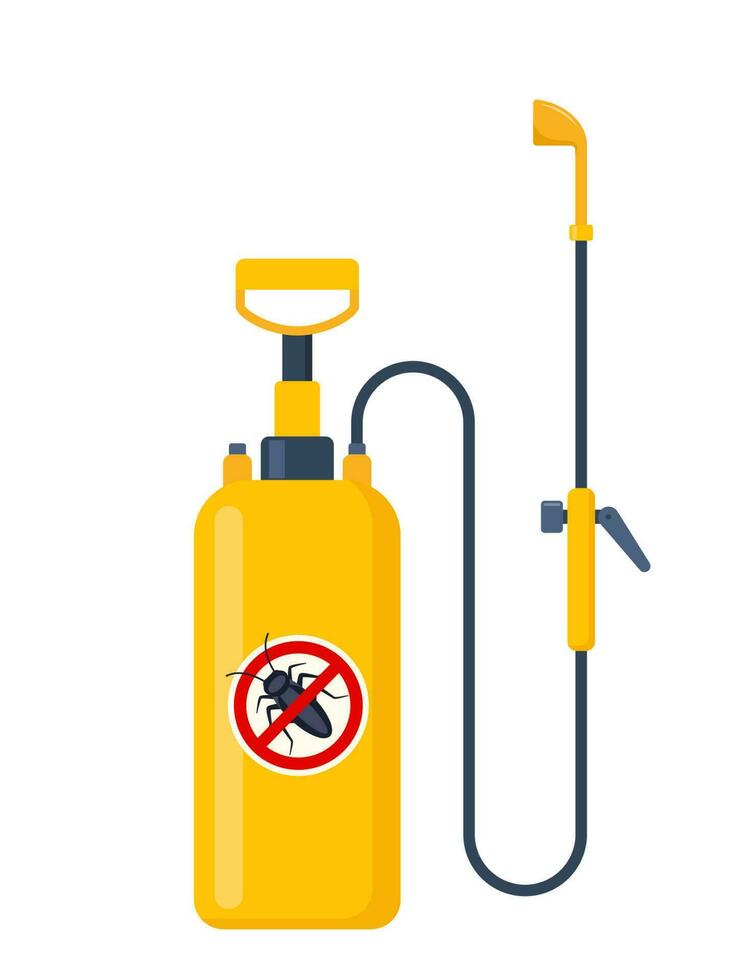 Yellow pressure sprayer of chemical insecticide, pest control and extermination service equipment. Protection from the cockroach and other insect. Aerosol for bug bite prevention. Vector Illustration.