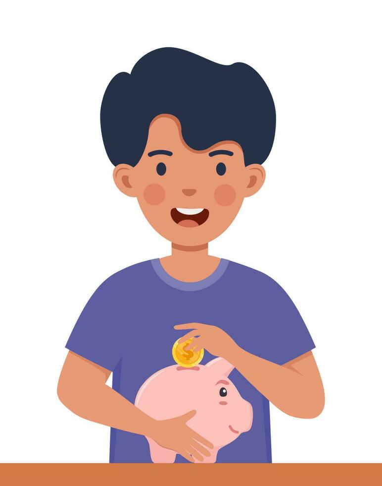 Happy boy kid putting a gold coin into a piggy bank. Money saving, economy. Vector illustration.
