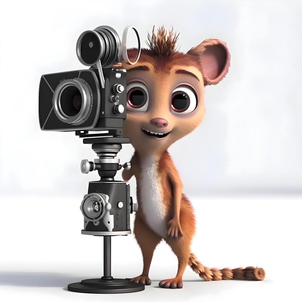 3d representación de un linda dibujos animados ratón participación un cámara en un trípode, ai generativo imagen foto