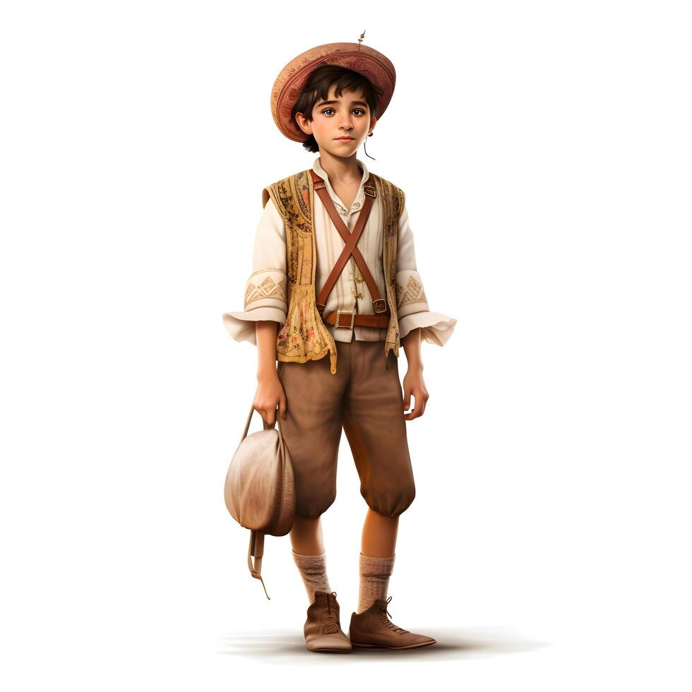 3D digital render of a cute little boy in a folk costume isolated on white background, Image photo