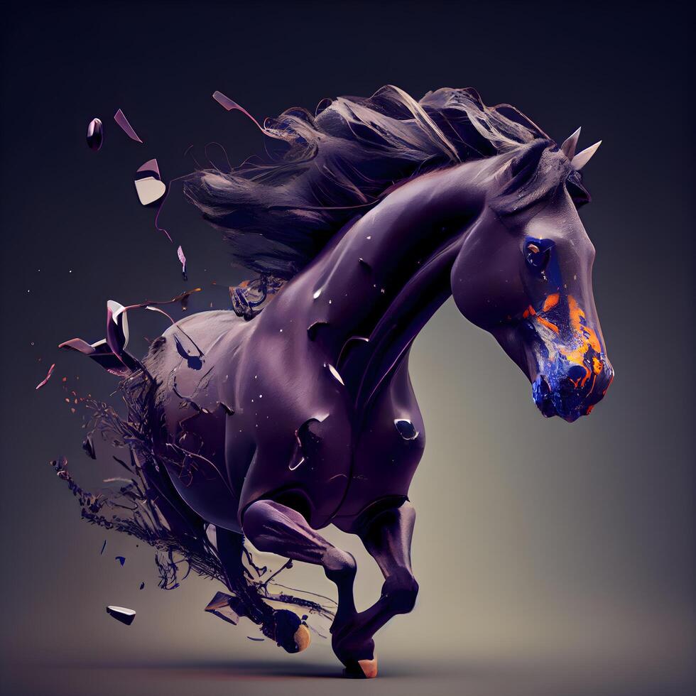 Black horse with splashes of paint on a dark background. 3d rendering