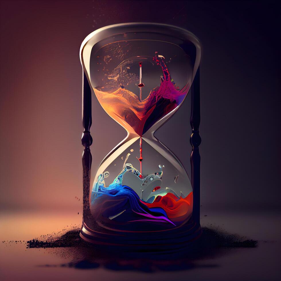 Hourglass with colorful sand on dark background. 3D illustration., Image photo