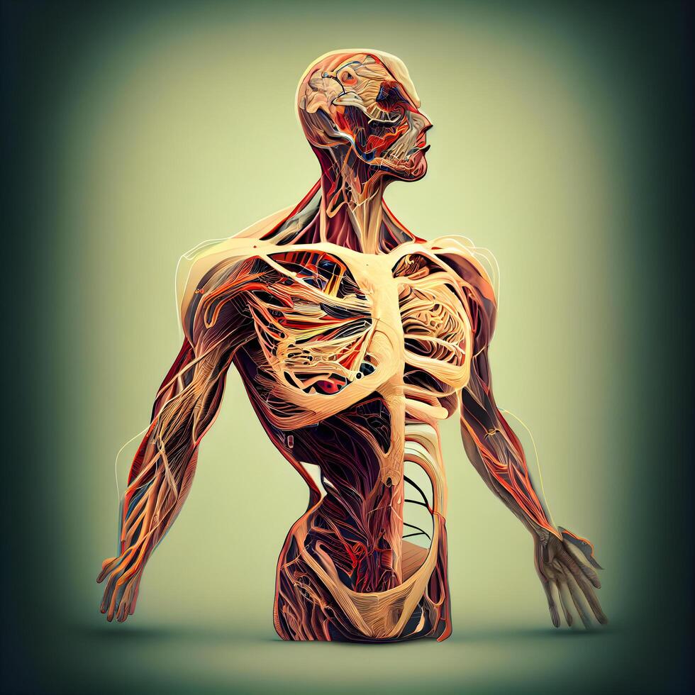 humano cuerpo con nervioso sistema y circulatorio sistema, 3d ilustración, ai generativo imagen foto