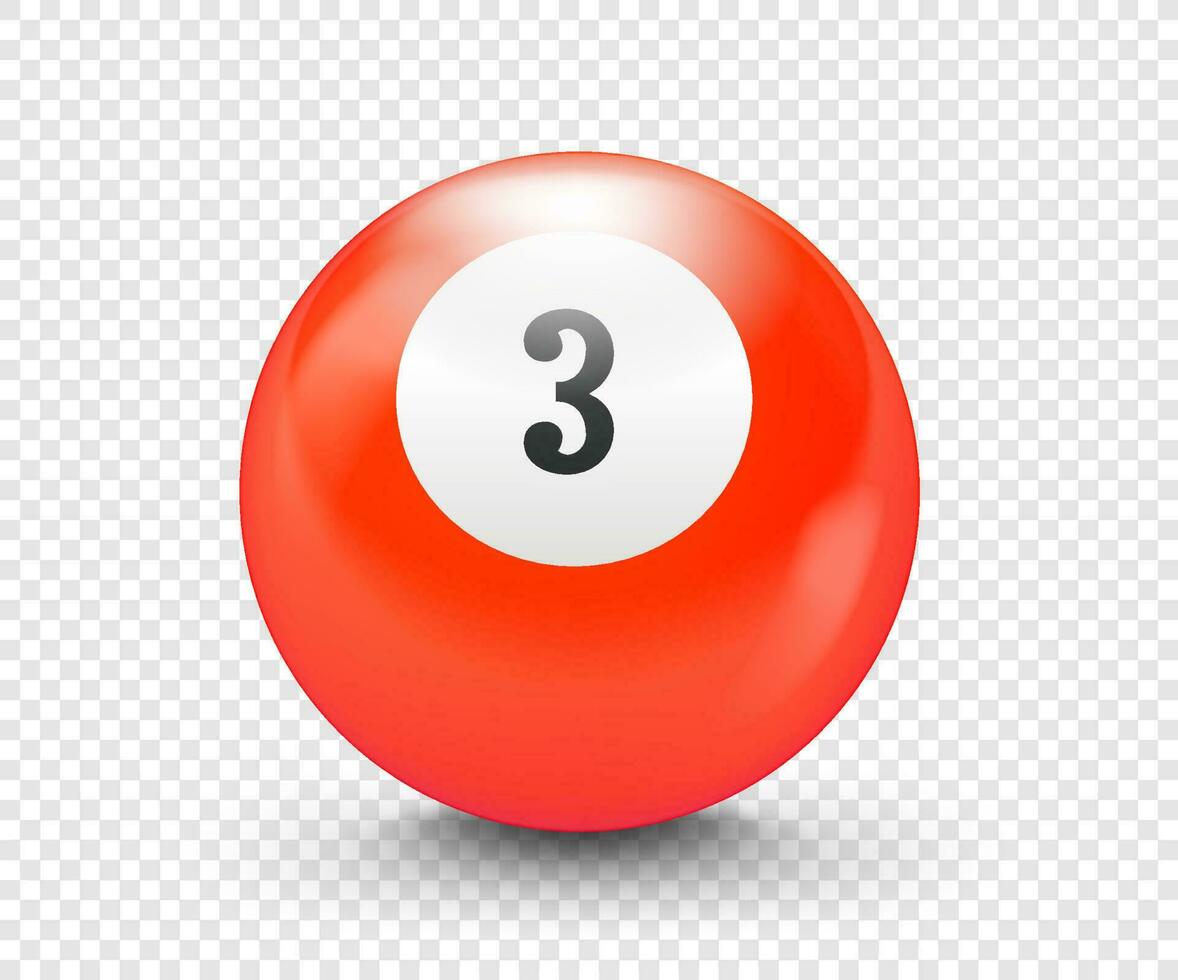 Red billiard ball with number 3. 3d vector isolated on transparent background