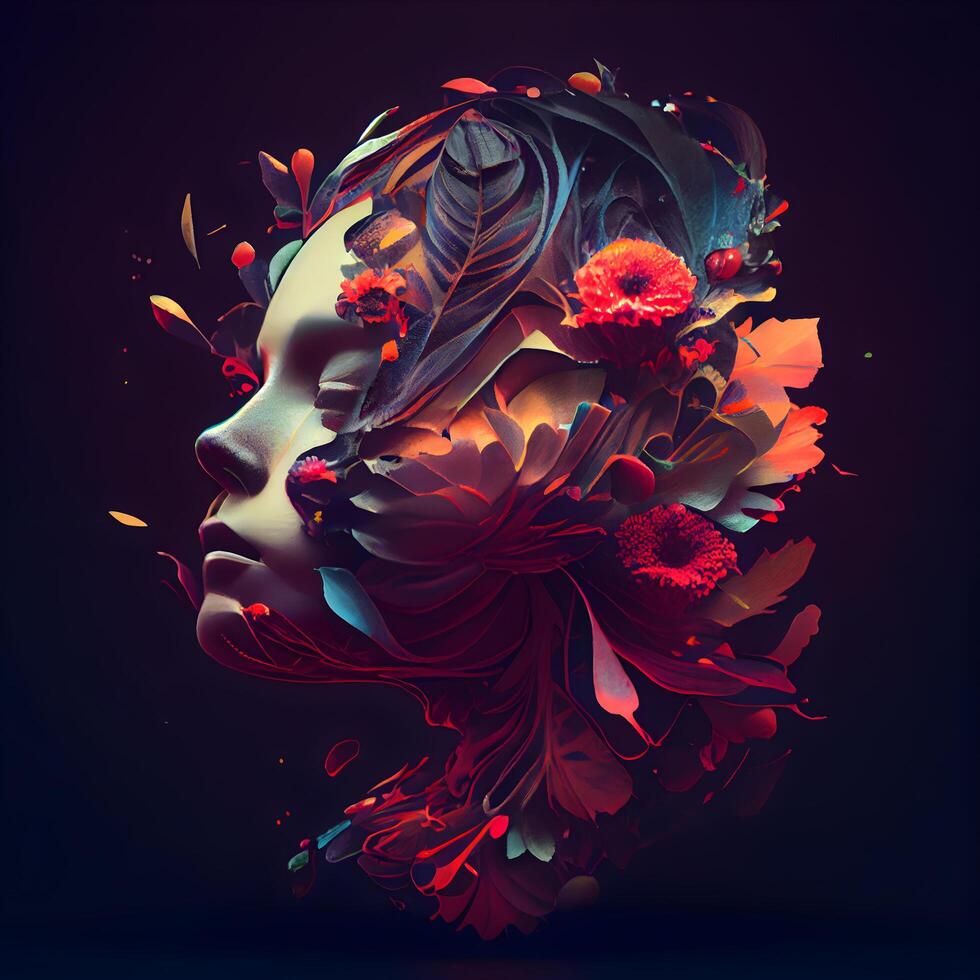 Abstract portrait of a beautiful woman with flowers in her hair. 3d rendering, Image photo